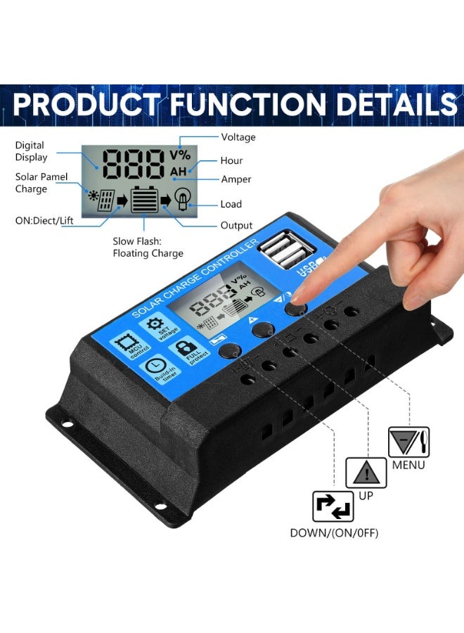 باوسونيفاي 2 قطعة 30A وحدة تحكم البطارية الشمسية 12v/24v وحدة تحكم شحن الألواح الشمسية وحدة تحكم الألواح الشمسية الأرضية منظم مع شاشة LCD قابلة للتعديل ومنفذ USB مزدوج إعداد المؤقت PWM المعلمة التلقائية - Image 3